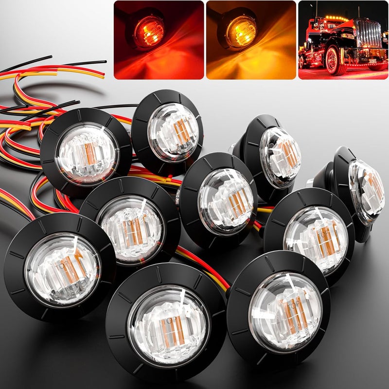 BJZ 3/4" Round Trailer Marker LED Lights Red to Amber Dual Color Side Clearance Tail Brake Stop Turn Signal Bullet Light 12V 4LED Indicator Light w/Clear Lens for Trailer Truck Van RV ATV Bus, 10Pcs - Image 1
